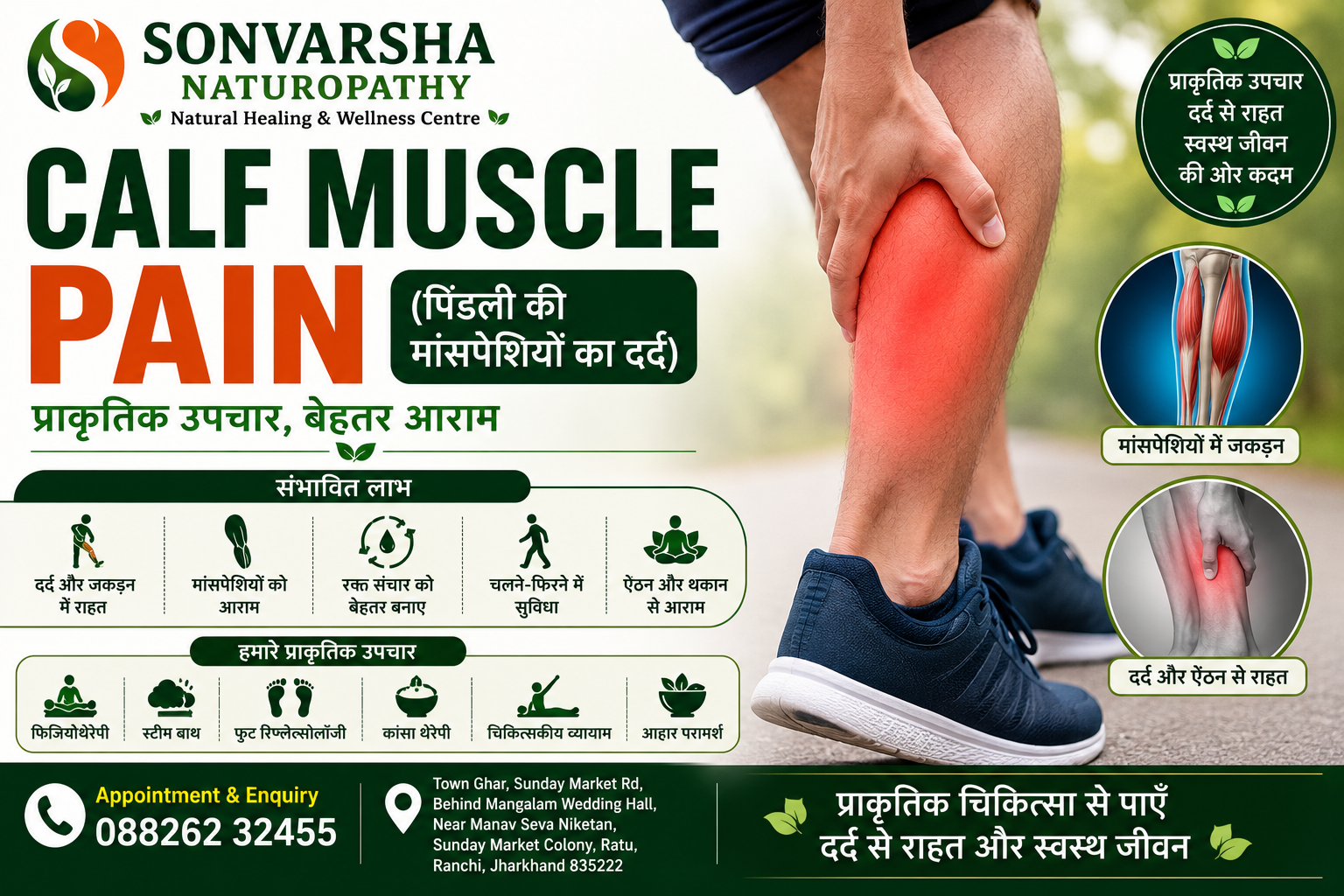 Calf Muscle Pain, Calf Muscle Treatment, Leg Pain, Muscle Cramps, Muscle Stiffness, Natural Pain Relief, Naturopathy, Ranchi, Sonvarsha Naturopathy, Foot Therapy, Steam Bath, Kansa Therapy